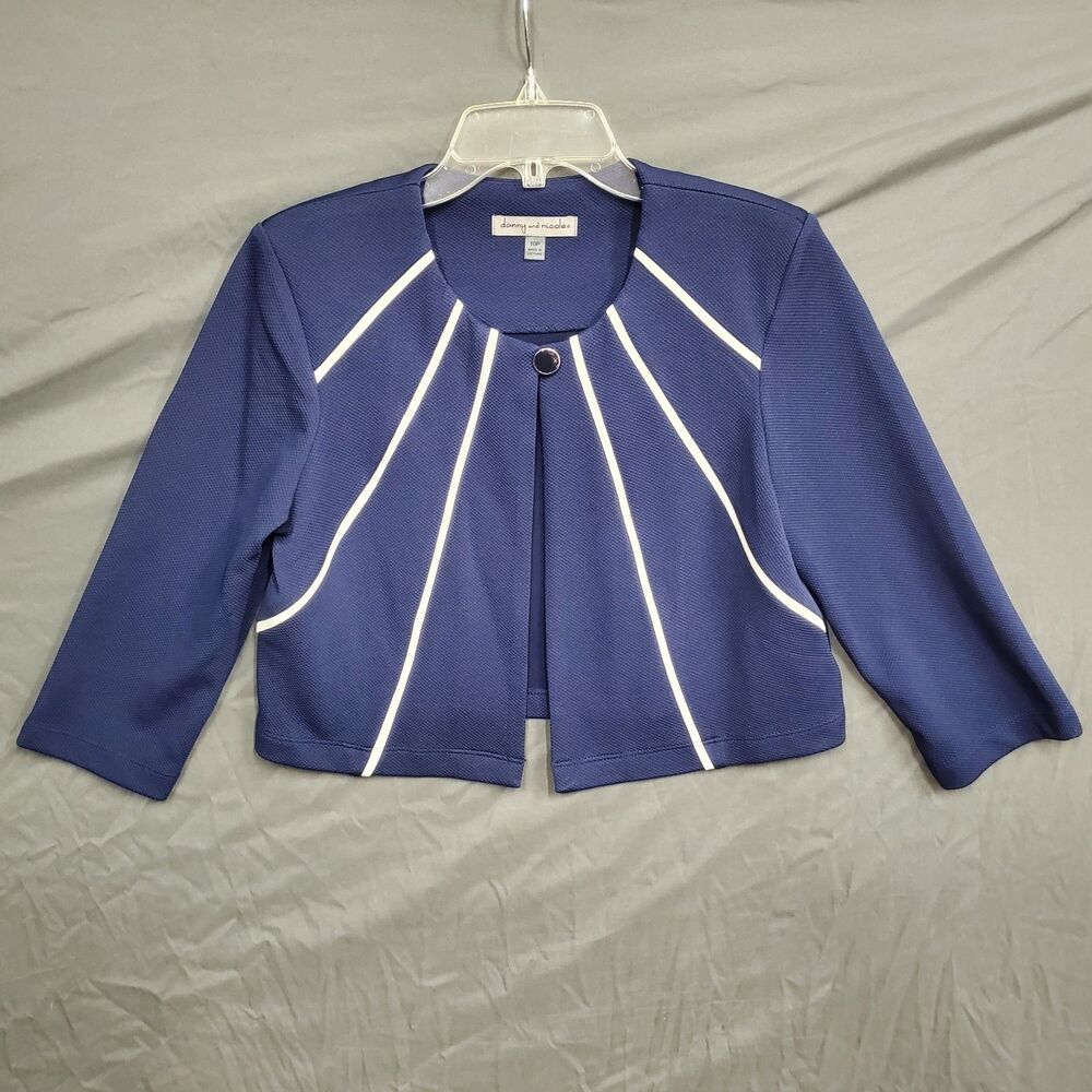 Danny and Nicole 10 Petite Women Cropped Blue White Cardigan Striped 3/4 Sleeve